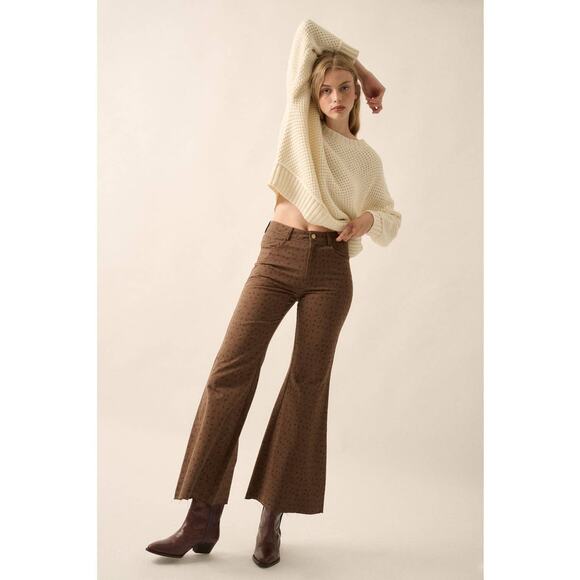 Promesa Chocolate Size Small Floral Twill Cropped High-Waist Flare Pants - Picture 3 of 6